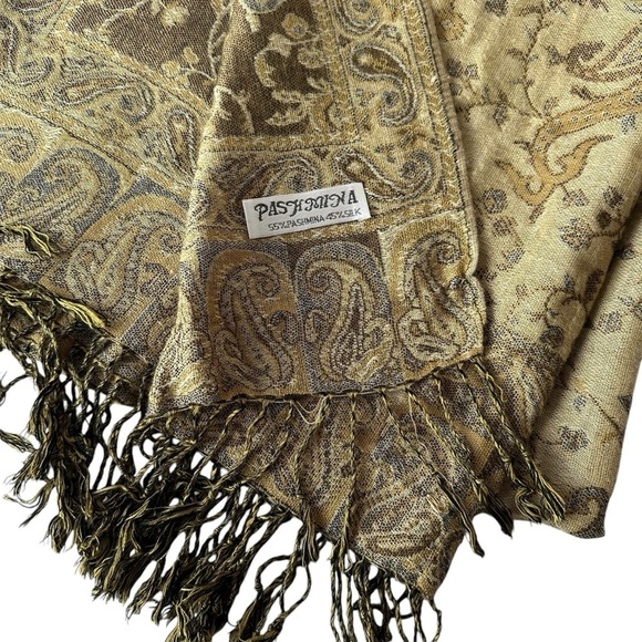 Pashmina Oversized Silk-Blend Scarf, Tan and Brown - Picture 4 of 6